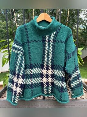 Vtg The Limited Shetland Wool Hand Knit Roll Neck Boxy Plaid Sweater One Size